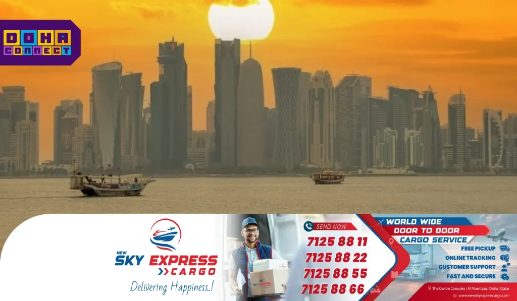 Sunrise over Doha skyline on Qatar's longest day of 2025, representing the summer solstice with bright skies and early morning light.