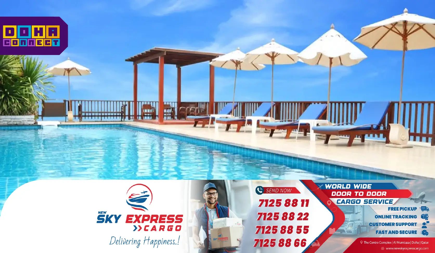 A scenic view of a luxury swimming pool in Doha with clear blue water, lounge chairs, and palm trees—ideal for family fun and fitness.