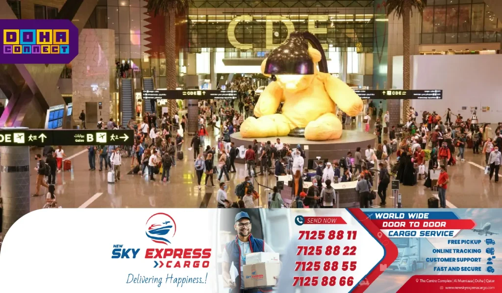 Passengers at Hamad International Airport as flights resume after June 23 disruption, with Sky Express Cargo banner visible