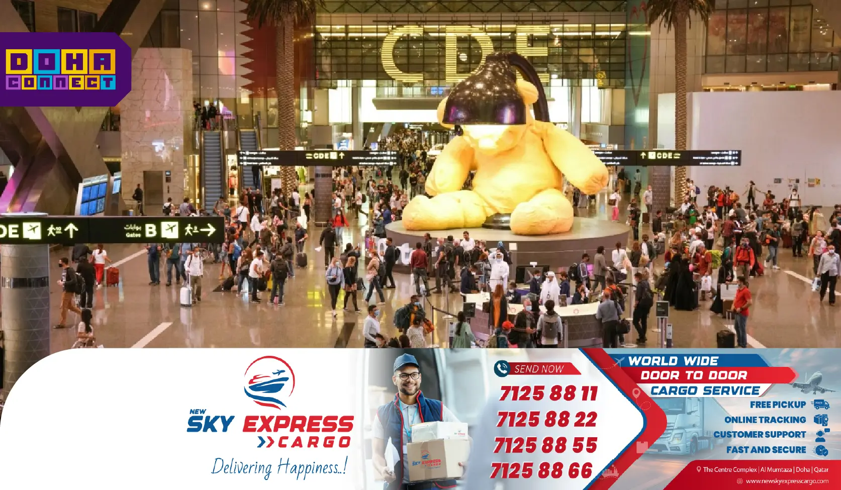 Passengers at Hamad International Airport as flights resume after June 23 disruption, with Sky Express Cargo banner visible