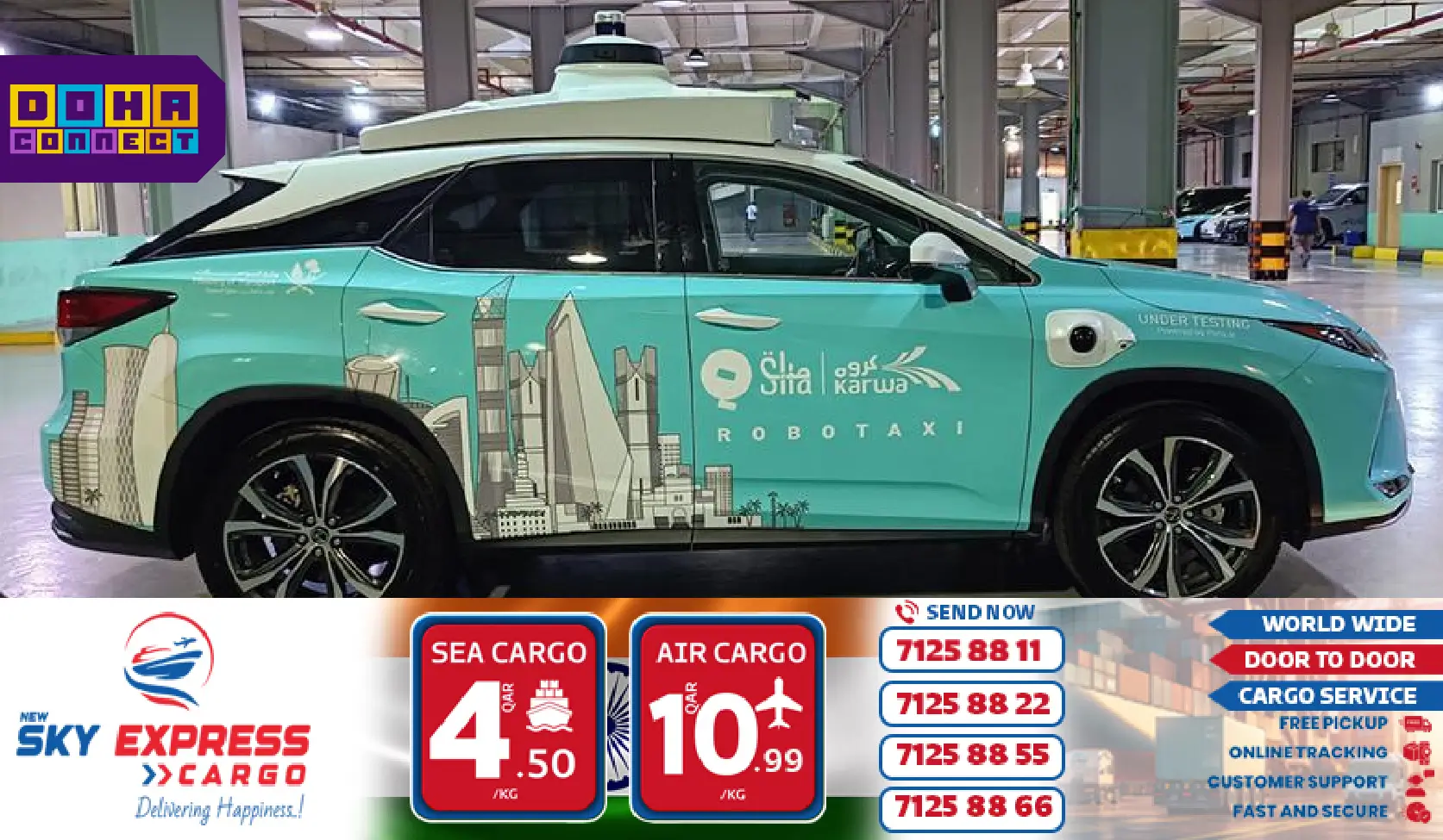 A futuristic self-driving Karwa robotaxi moving along a scenic tourist route in Doha, with passengers inside and no visible driver at the front.